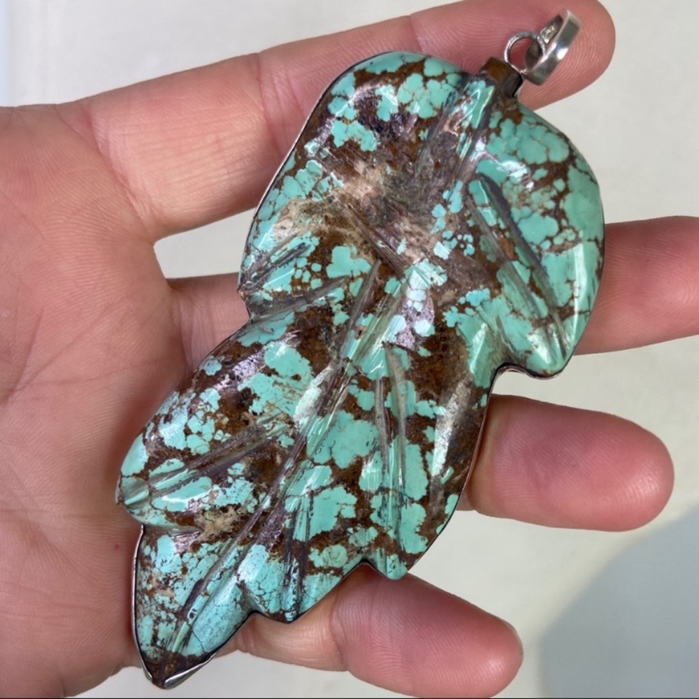 Turquoise carved large feather sterling silver
